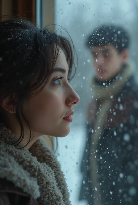 The girl looks at the boy through the window, it's snowing.Age 25
