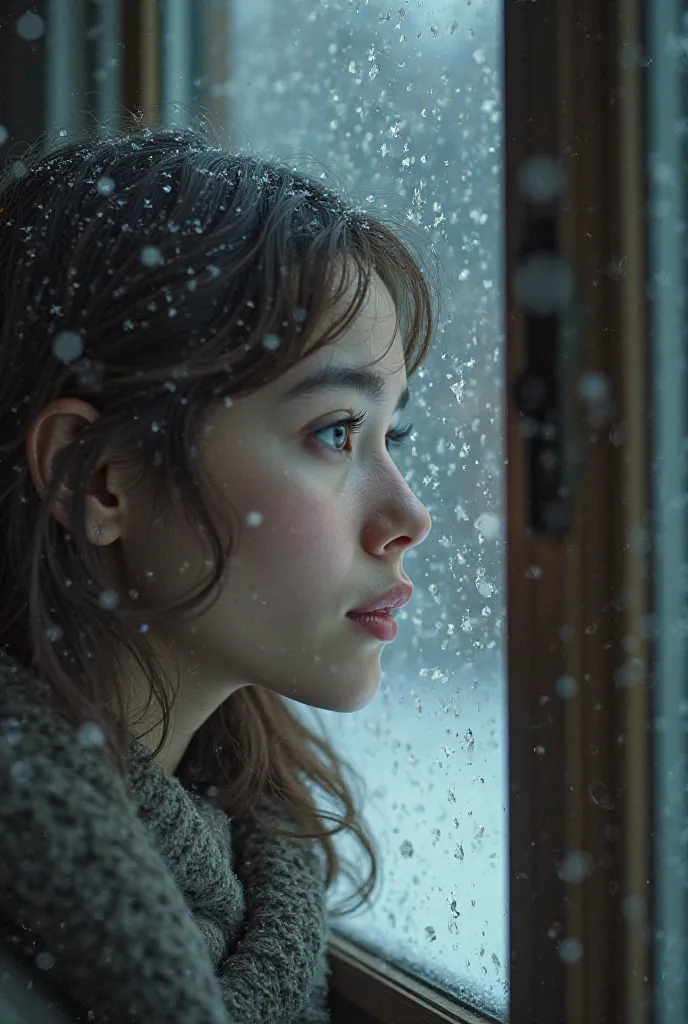 The girl looks at the boy through the window, it's snowing.Age 25
