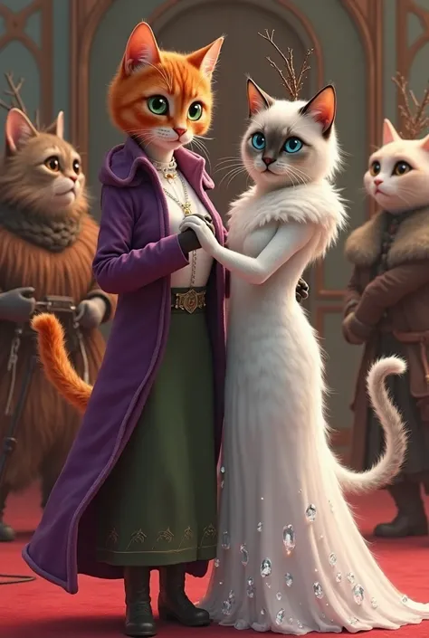 A realistic adult red short-haired female cat with white spots on her chest and paws. She has green eyes. She is wearing a purple coat, a long military green skirt and boots. And a realistic adult majestic and elegant Siamese cat with long, silky fur in sh...