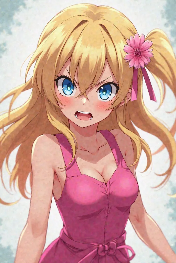 Anime girl with blonde hair,blue eyes mad with a pink jumpsuit with a pink flower on the side of her head