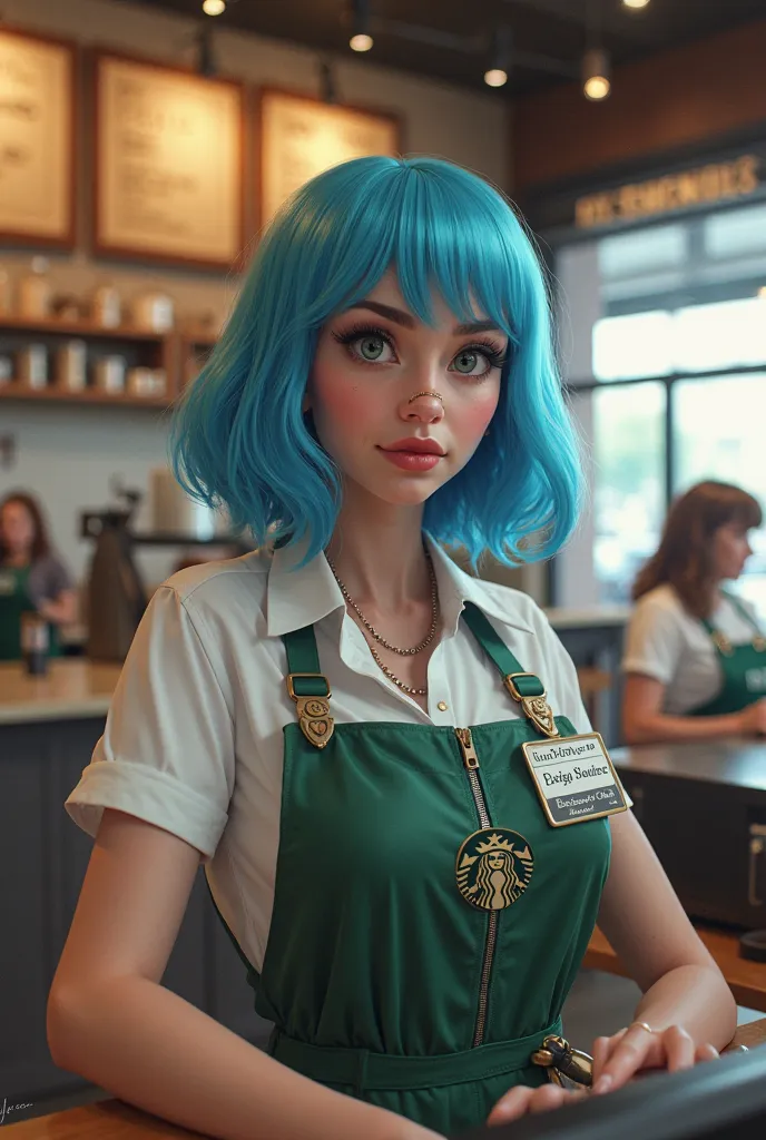 non binary donald trump as Starbucks cashier with blue hair and nose piercing 