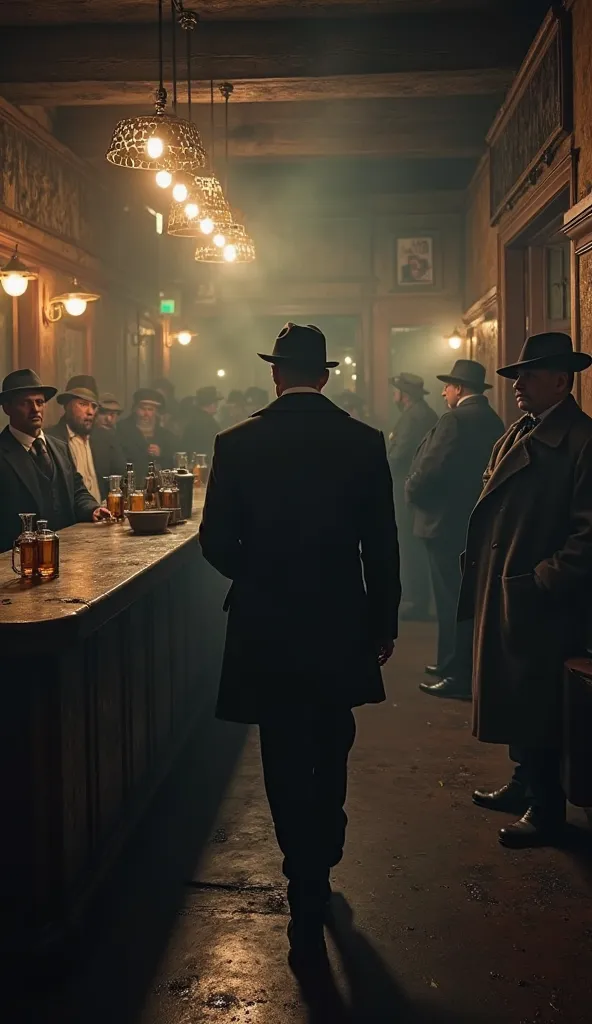 An ultra-realistic point of view (POV) image, showing the first-person perspective of a gangster entering a dimly lit tavern in the heart of Birmingham. The bar is filled with shady figures, some dressed in sharp suits, others in dirty overcoats, while the...