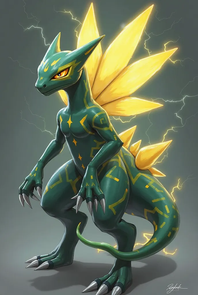 Voltasaur is a bipedal Pokémon with a body slender and sleek, Greninja's tail, designed for speed and extreme agility. Its skin is dark green with a matte shade, , while bright yellow patterns similar to electrical circuits run through his body, emitting a...