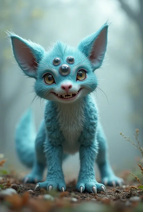 Monster with 3 eyes, 2 ears,  with the body of a dog ,  2 Teeth , With 3 feet and a light blue color 