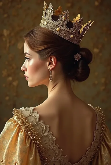 I want to create a picture of a girl wearing a crown and the picture does not show his face with a clearly defined face. The picture should be luxurious in golden colors. I want it in the Victorian era. The picture is taken from the back of the girl withou...