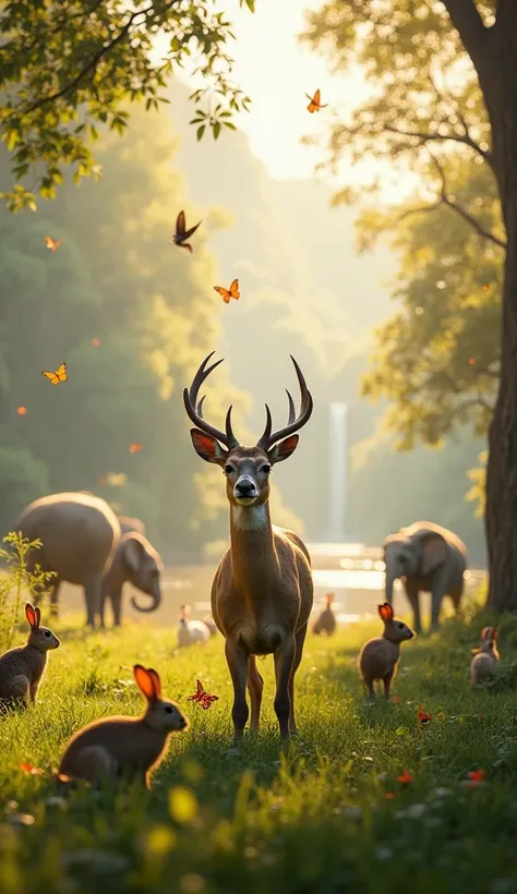 A hyper-realistic first-person perspective, capturing the awe-inspiring moment of witnessing wildlife in its purest form. The viewer stands in a lush, untouched landscape, surrounded by majestic animals living in harmony. In the foreground, a gentle deer g...