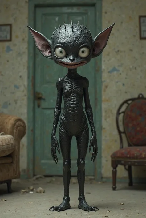 A naked little monster girl is standing in the middle of the room, black shiny skin, Venoma-like, white small eyes, small ears like an elf, Cut mouth, the room is clean but the furniture is not new