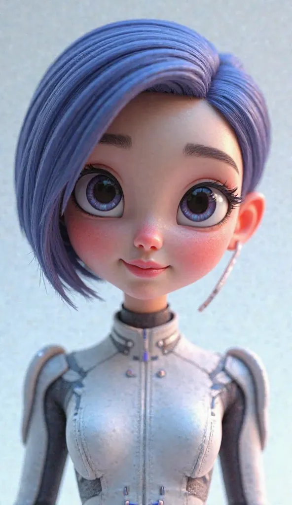 "A stylized 3D virtual assistant, with a friendly and modern appearance. She has expressive and large eyes, short and stylish hair in a vibrant shade, like blue or purple. Her clothing is futuristic and elegant, with subtle technological details.  The back...