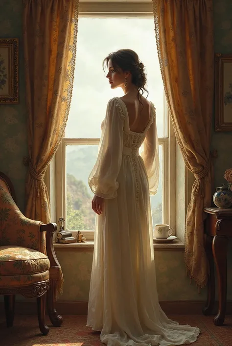 young woman stands at the window in the apartment thoughtfully in ancient times