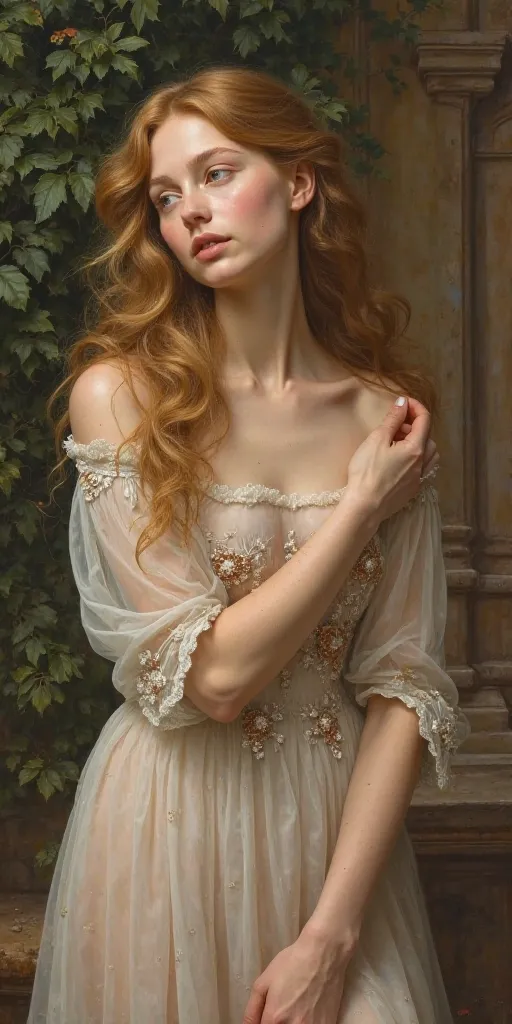 Une peinture dessinée dans le style de Raphaël, une belle femme caucasienne vêtue d'une robe transparente.