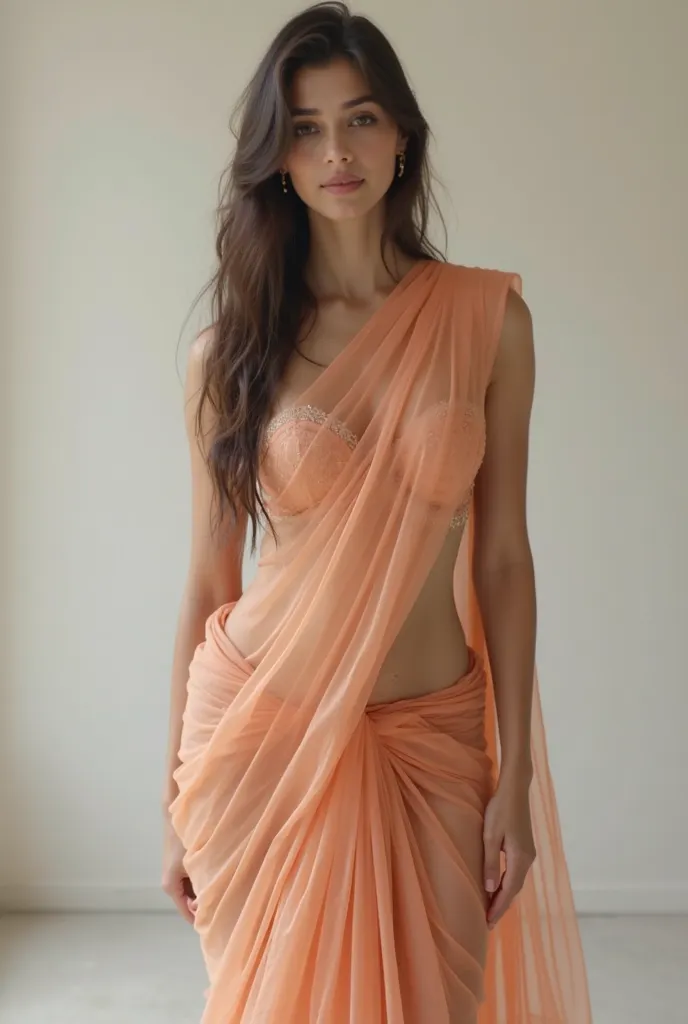 Attractive woman wearing a transparent Indian sari showing her belly, waist and legs, showing her full great body from head to toe inside the frame of the picture, her skin is smooth and pure as real as reality, her chest is small, her waist is sculpted an...