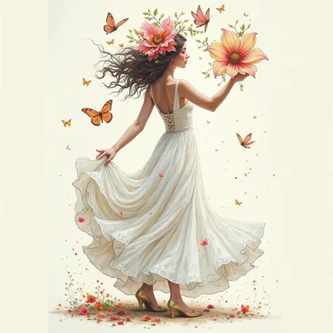 Draw abstract artwork,  a woman in profile dancing full body in a white dress holding large flowers on her head and butterflies flying around her. painting of a picture. Inside the well on the wine label.

