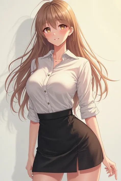 An anime girl has long light brown hair, hazel eyes, white skin, beautiful and big body. She wears a black skirt and a white shirt