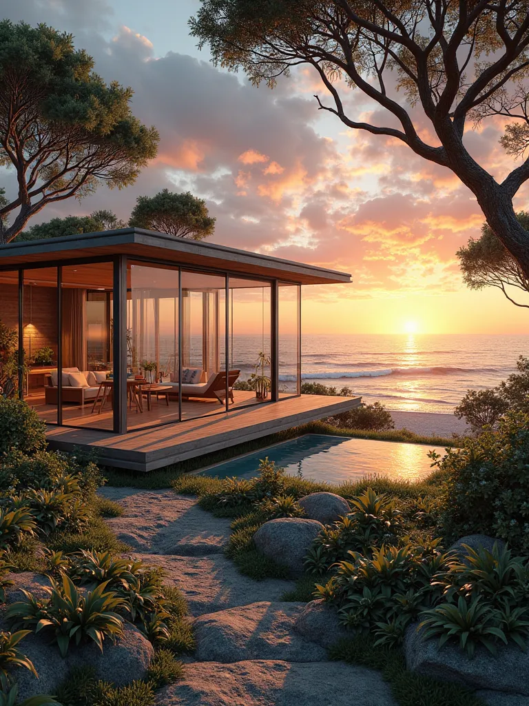 house with glazed windows, with ocean view and a sunset, nature with backyard with trees and mandalas dream filter