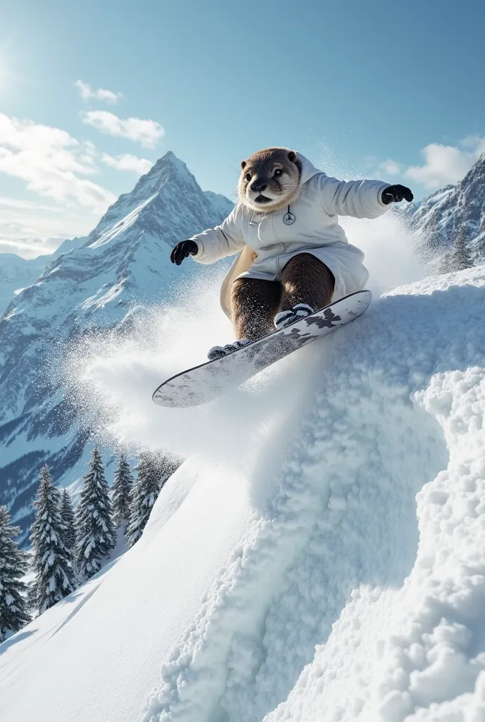 Create an ultra-realistic photograph of an otter doctor wearing a white lab coat, riding a snowboard down a massive, snow-covered mountain. The otter doctor is launching off a large snow ramp, performing a perfect backflip mid-air. The scene is captured fr...