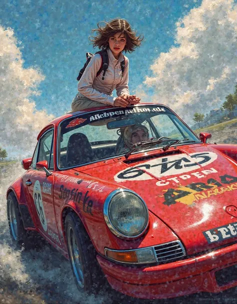 The network girl, Racing Car, The completion of the picture,  best quality, (Great Painting:1.2), High Quality, ridiculous results,  highres,   pocket, ,  detailed background, 