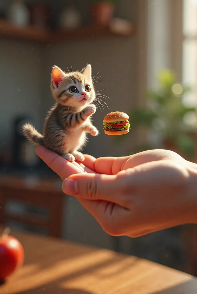 A small cat balancing on a human's finger, nibbling on a small hamburger.