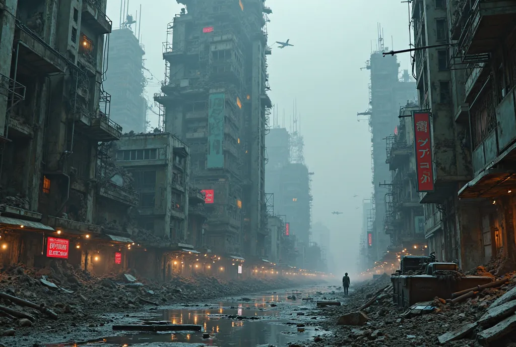 ruined city　cyberpunk　Desolate　unmanned