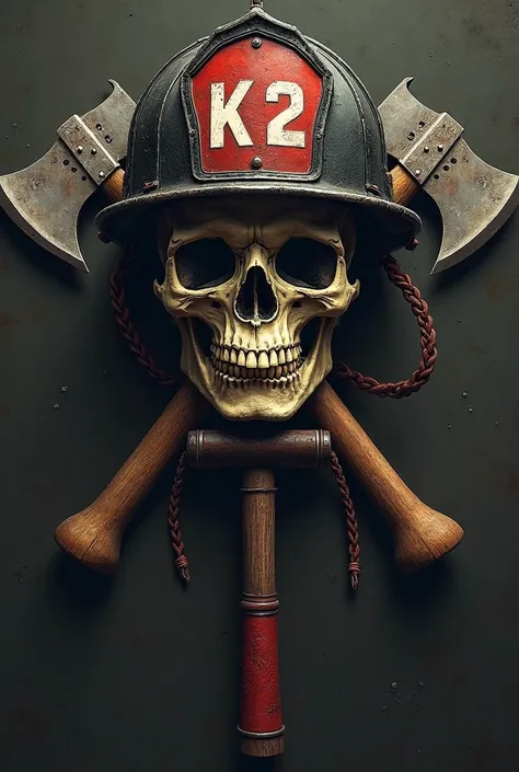 Make me a skull with a fireman's helmet with two crossed firefighter axes, black background 
On the helmet say K2 and the axes are behind the skull and with the lower jaw, Let it say only K2, no more words.
You can rely on the logo of the bope, esa imagen ...