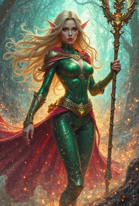 blonde female elf mage wearing superhero costume with a staff in hand