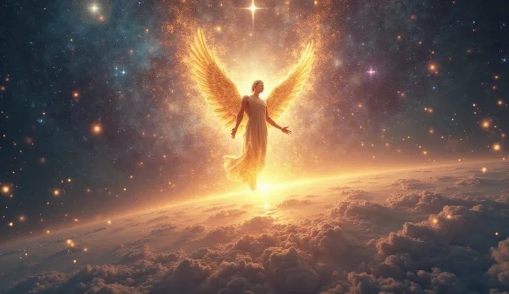 Create an Ultra-realistic style celestial shot of a divine figure, glowing with a radiant, golden aura, standing above creation, gazing upon the Earth with satisfaction in a cosmic setting with swirling galaxies and stars reflecting the beauty of creation....