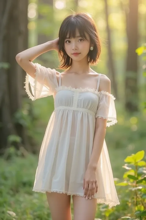 Photorealistic，Ultra high definition，Highest quality，Best Quality，8k，RAW Photos，Super detailed，Ultra-high resolution，(Amazingly cute Japanese real girl)，whole body，1 person，Facing forward，Early morning in the forest，Bright sunlight pours in，Backlight，White...