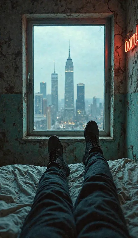 A first-person perspective of someone lying on a worn-out bed in a decayed apartment, gazing out of a large, dirty window at a futuristic yet melancholic cityscape. The cracked walls and peeling paint give the room an abandoned feel, illuminated faintly by...