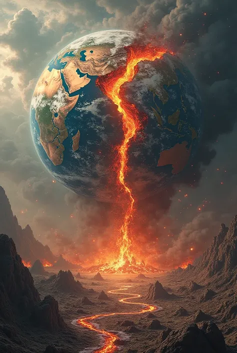 Planet Earth destroying itself,  cracking , spitting fire