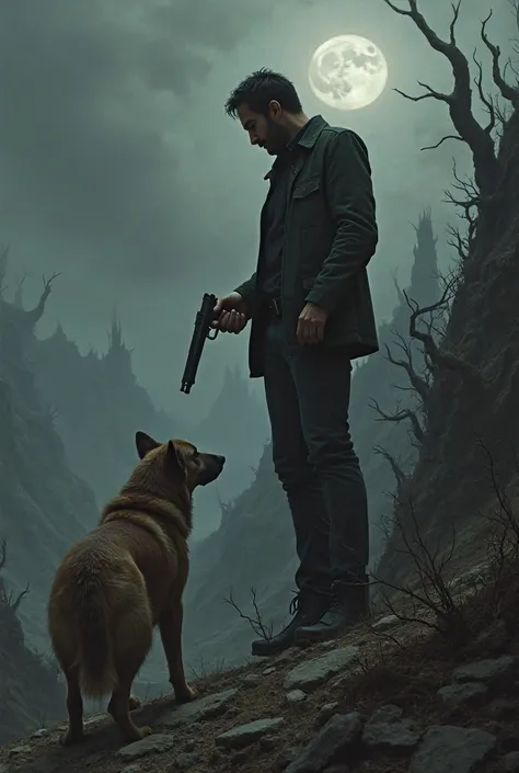 Man holding a gun and pointing it at a dog from the top of a hill in a hellish hole