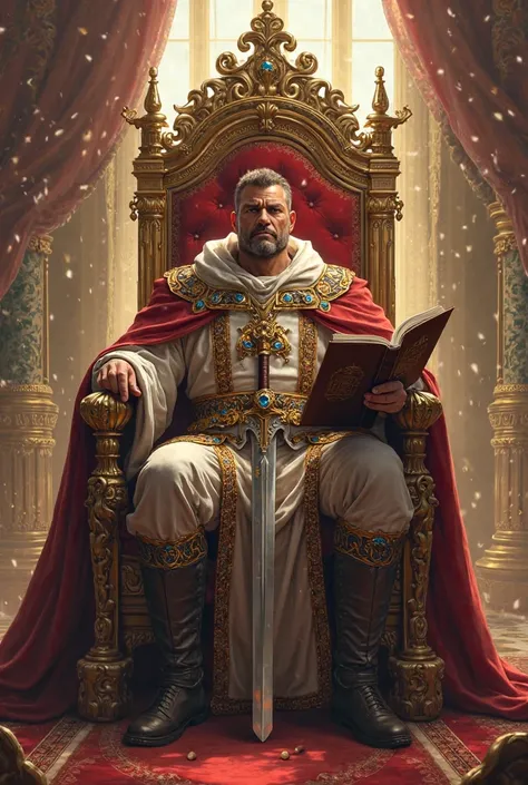 I want a man sitting on a golden throne holding a book in his right hand and a sword in his left hand