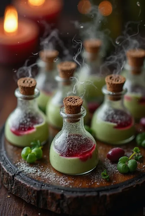 "A collection of small enchanted potion bottles, carefully arranged on a dark wooden tray in a mystical bar. Each bottle is a delicate glass vial, shaped like ancient alchemist flasks, filled with a creamy, pale green panna cotta infused with matcha tea. A...