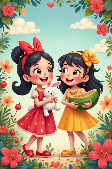 
A vibrant and joyful notebook cover, com as queridas personagens Monica e Magali lado a lado. Monica, with her red dress and bow in her hair, holds her little Samson bunny with an animated smile. Magali,  on its side, has her yellow dress and a huge melon...