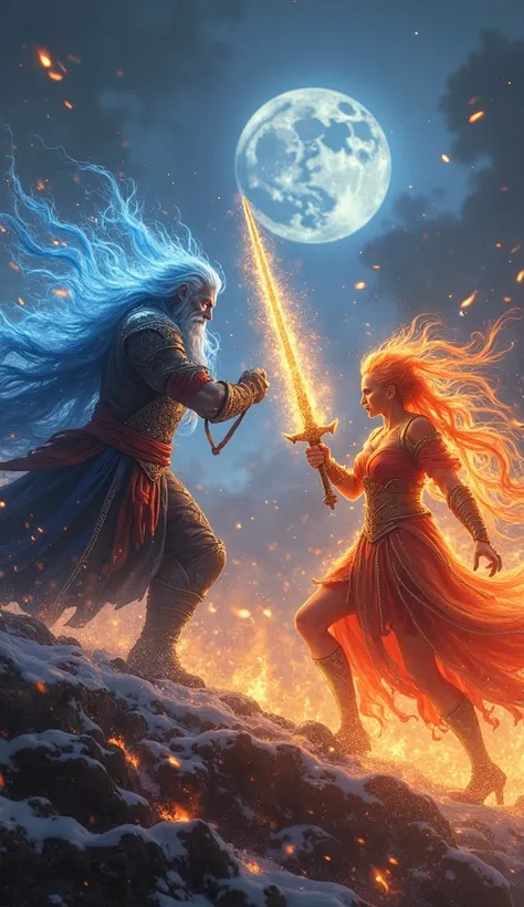 extremely detailed professional photography of a fight of 2 warriors, incredible amount of detail : a glowy leviatan strong with a fire sword is fighting a glowy sorceress experimented of ice blast, in a fantastic world of mysth of moonrise