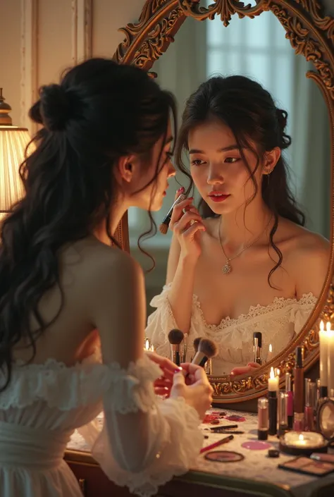 A girl putting on makeup on the mirror of a dressing table