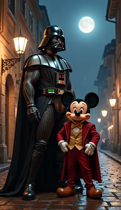 A nighttime scene in a stylish European-style street illuminated by moonlight. A powerful and muscular Darth Vader stands tall, wearing black armored attire with golden details. His arms are covered in tattoos, and he has a cape draped over his shoulders. ...