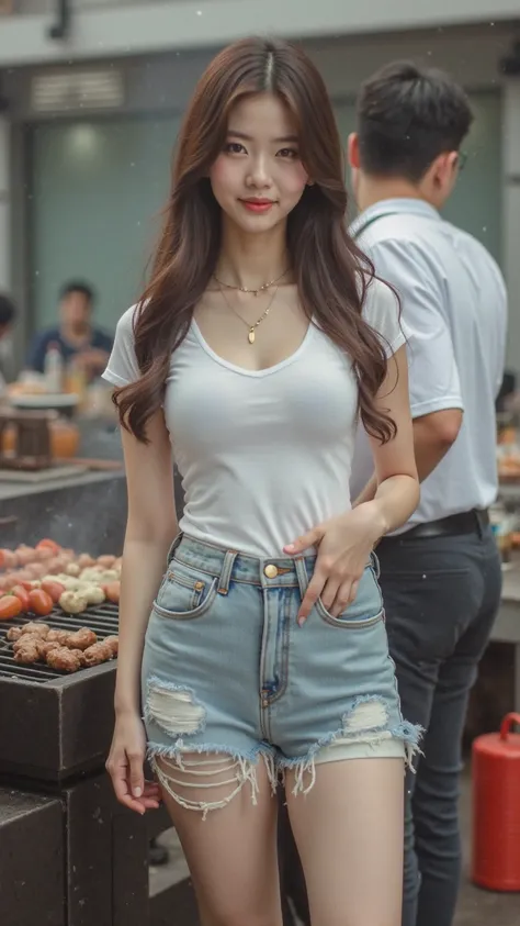 full body, enjoy a barbecue,A fat man puts white powder in his drink behind a 21-year-old Japanese woman,japanese,Korean style beauty,Young face,Transparency, pure white skin,Grey Eyes,cute, idol,Idol,portrait, model, long straight hair,Sex, glossy mahogan...