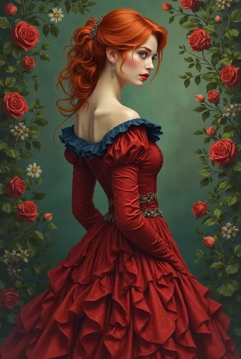 adult, belle, redhead, hairdo with side parting,  dark green eyes, long bloody red dress, sorcerer, Grand, charming face, fantasy, magic, silhouette parfaite,  red lips, floral background, printemps vert, blue lapel