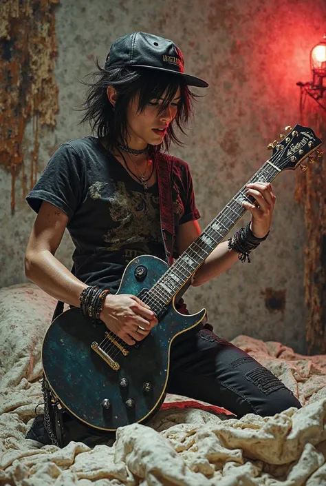 A metal-style guitarist boy with an upside-down cap playing electric guitar on a bed in a porn scene