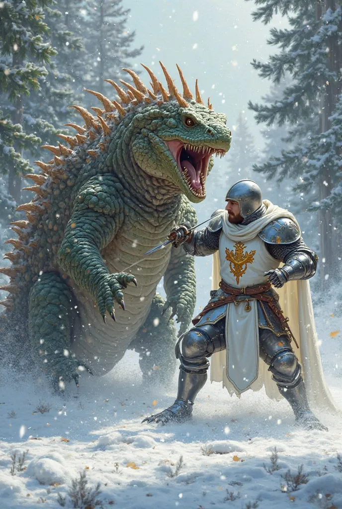  Medieval Knight, with armor and white clothes with coat of arms on his chest, with sword fighting with a carnivorous lizard with claws and thorns on his back. on a snowy background, with trees 