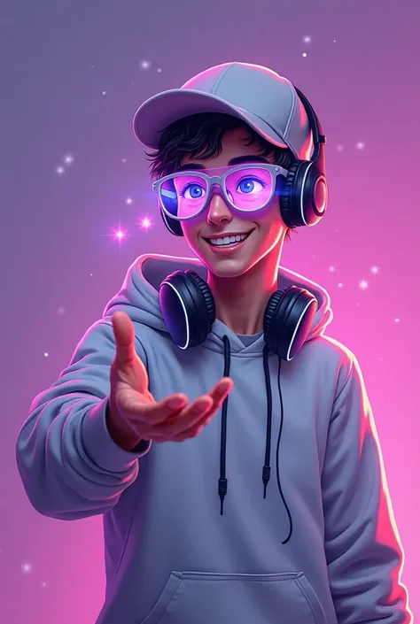 a 4k illustration of a young man wearing a white cap and a hooded sweatshirt, with headphones around his neck . He is smiling and extends a hand , glasses where a video game controller floats with bright effects and purple lights , giving a sense of techno...