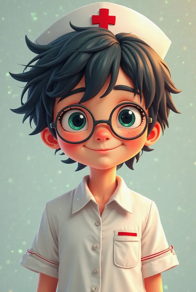 Young Harry Potter wearing round glasses smiles sweetly in a nurse uniform