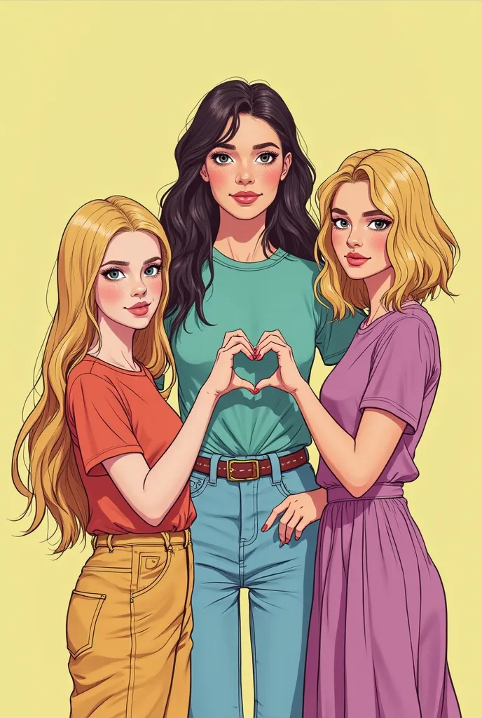 Draw a retro image, three girls are wearing colorful clothes in the style of the 90s, on the right, a girl with blond hair just below her shoulders, with a serious face, is a girl with dark, long wavy hair standing in the middle and smiling, and on the lef...