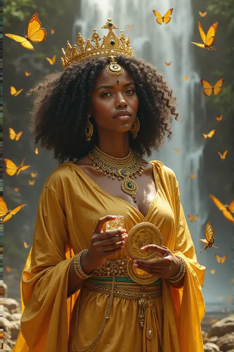 The image shows a majestic woman dressed in gold, sitting in a natural environment with a waterfall in the background. She wears a crown and detailed jewelry, conveying an aura of royalty and power. Her hair is voluminous and frizzy, she is black, she hold...