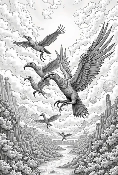 A highly detailed black and white outline drawing in a coloring book style, depicting seven gigantic, mythical birds soaring through the sky. They have long, sinuous necks and enormous, curved beaks with sharp edges, giving them a menacing and ancient appe...