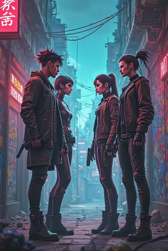 Jinx and Vi from Arcane confronting Ekko and Caitlyn in the back with LED things and graffiti (poster)