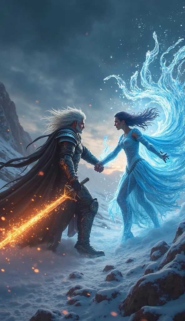 extremely real detailed professional photography of a fight of 2 warriors, incredible amount of detail : a strong leviatan with a magnificient fire sword who is fighting a glowy sorceress experimented in ice blast, intriguing jewelrys, in a fantastic world...