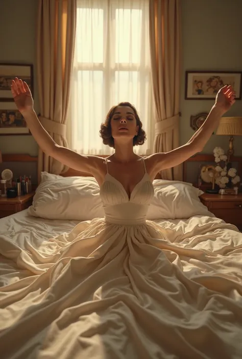 Ultra-realistic 8K HDR cinematic shot, first-person perspective, waking up in a luxurious 1950s Hollywood bedroom. Soft morning light filters through thick vintage curtains, illuminating a vintage vanity with makeup and perfume bottles. Hands stretch out i...