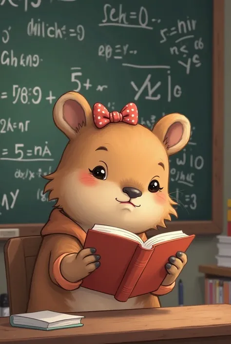 Pcapibara woman with bow on her head , reading a book next to a blackboard with sum and mathematical signs cute cartoon