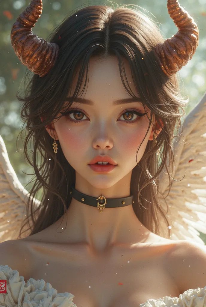 20-year-old woman with a brown, medium hair and Chinese, medium build with angel wings and a little tail like a devil, eyes like a Latina and her eye color is brown and her lips are thick 