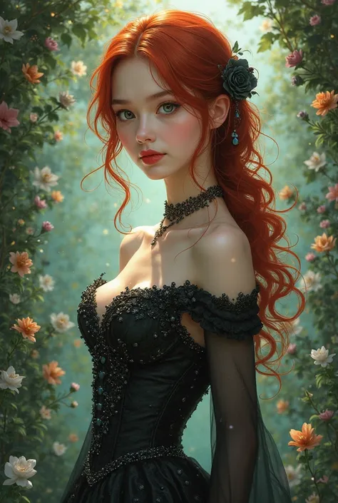 fille, belle, redhead, Square hair with side parting,  dark green eyes, long black beaded corset dress, charming face, fantasy, magic, silhouette parfaite,  red lips, floral background, manhwa styles